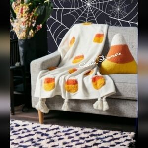 Halloween Candy Corn Decorative Tassel Blanket & Sherpa Throw Pillow Set New
